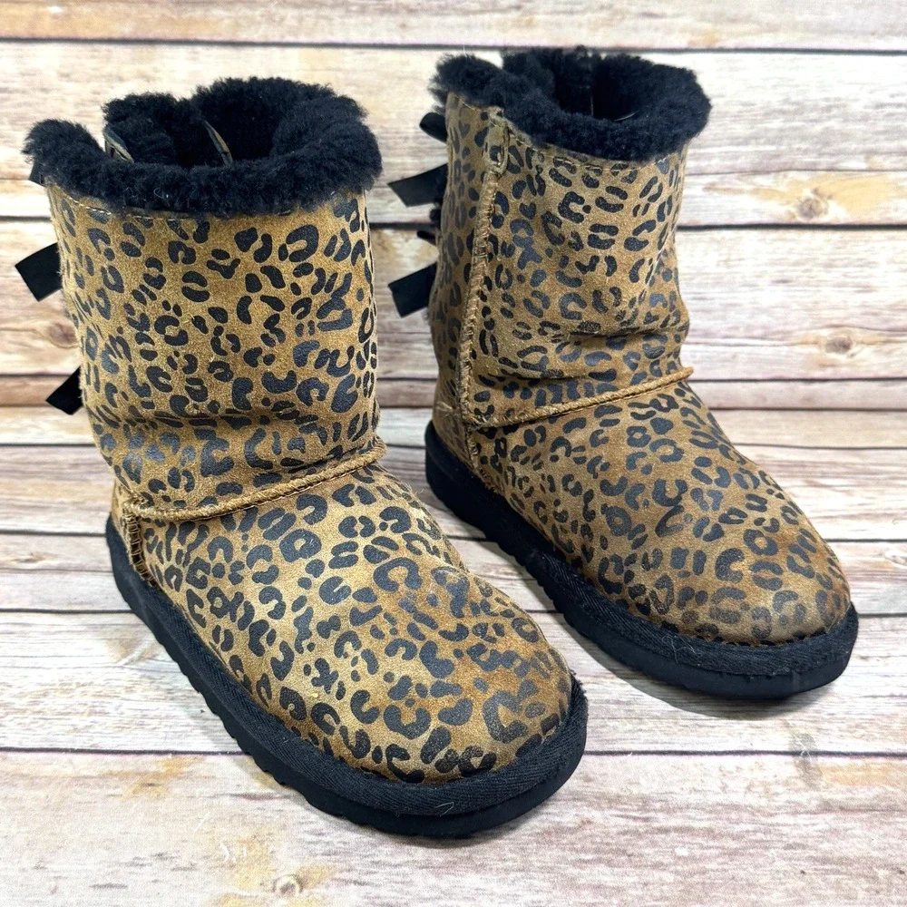 Ugg Girls Brown Black Leopard Print Bailey Bow Boots Size 13